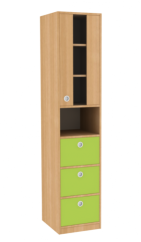 Dřevěná dětská skříň s prosklenými dveřmi policí a zásuvkami - úzká