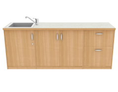 Demonstrační stůl se skříňkou pro elektrickou výbavou a mycím stolem