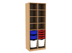 Dřevěná dětská skříň policová s různými plastovými boxy široká vysoká