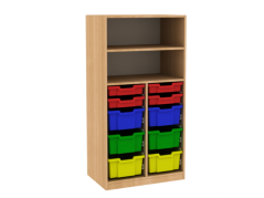 Dřevěná dětská skříň s policemi a plastovými boxy široká střední výška D